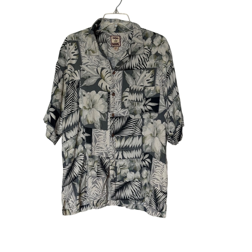 Tommy Bahama Mens XL Silk Tropical Patchwork Floral Palm Camp Shirt Gray Green